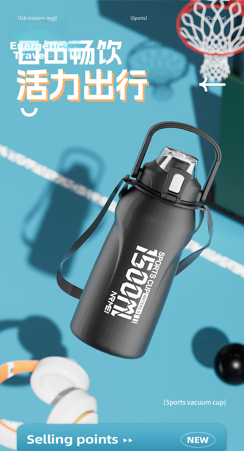 NRMEi Insulated Water Bottle, Large Capacity 2000ml, for Men And Teenagers Aged 12-18, Students, Sports Water Bottle Cup 2