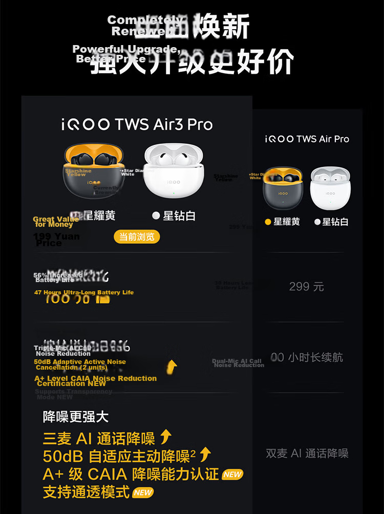 Vivo iQOO TWS Air3 Pro Star Yellow 50dB Adaptive Active Noise Cancelling 47h Long Battery Life Bluetooth Earphones Compatible with Apple Huawei Xiaomi OPPO Phones 3