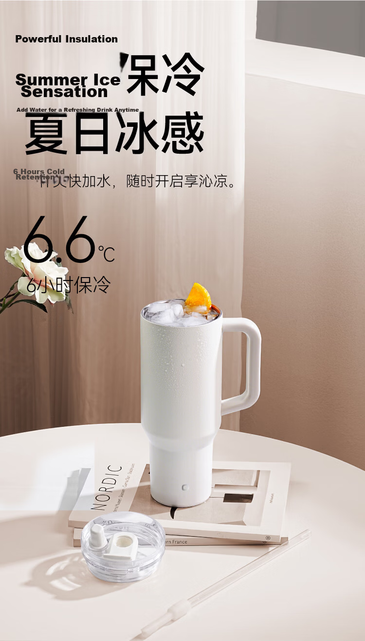JD Original Large Capacity Straw Insulated Cup, 316L Stainless Steel Ice King Cup for Men And Women, Desktop Office Water Bottle, 1.2L, Cherry Blossom Pink 5