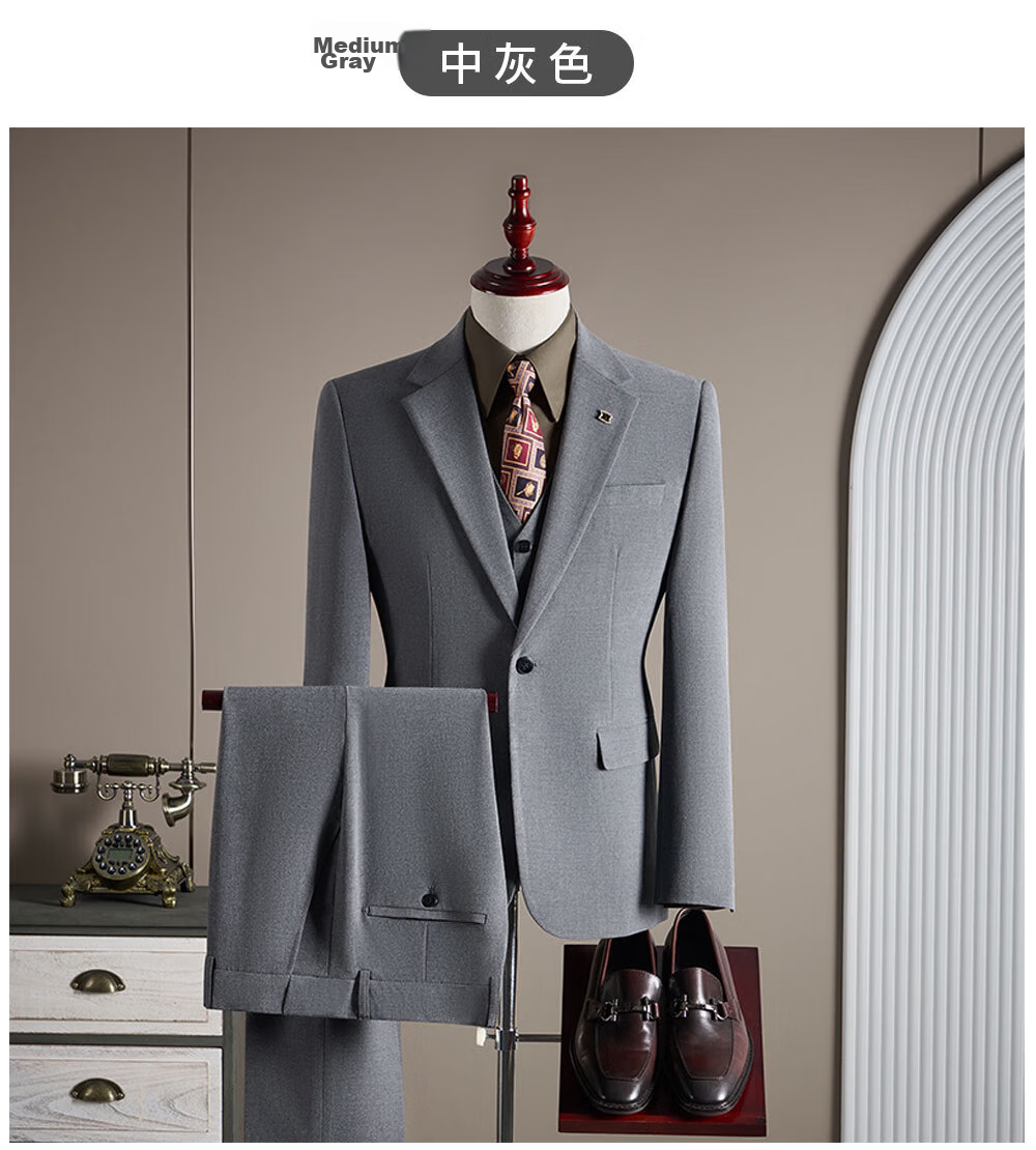 ROMON Men's Business Suit Set Blazer + Vest + Trousers Light Gray XL 25