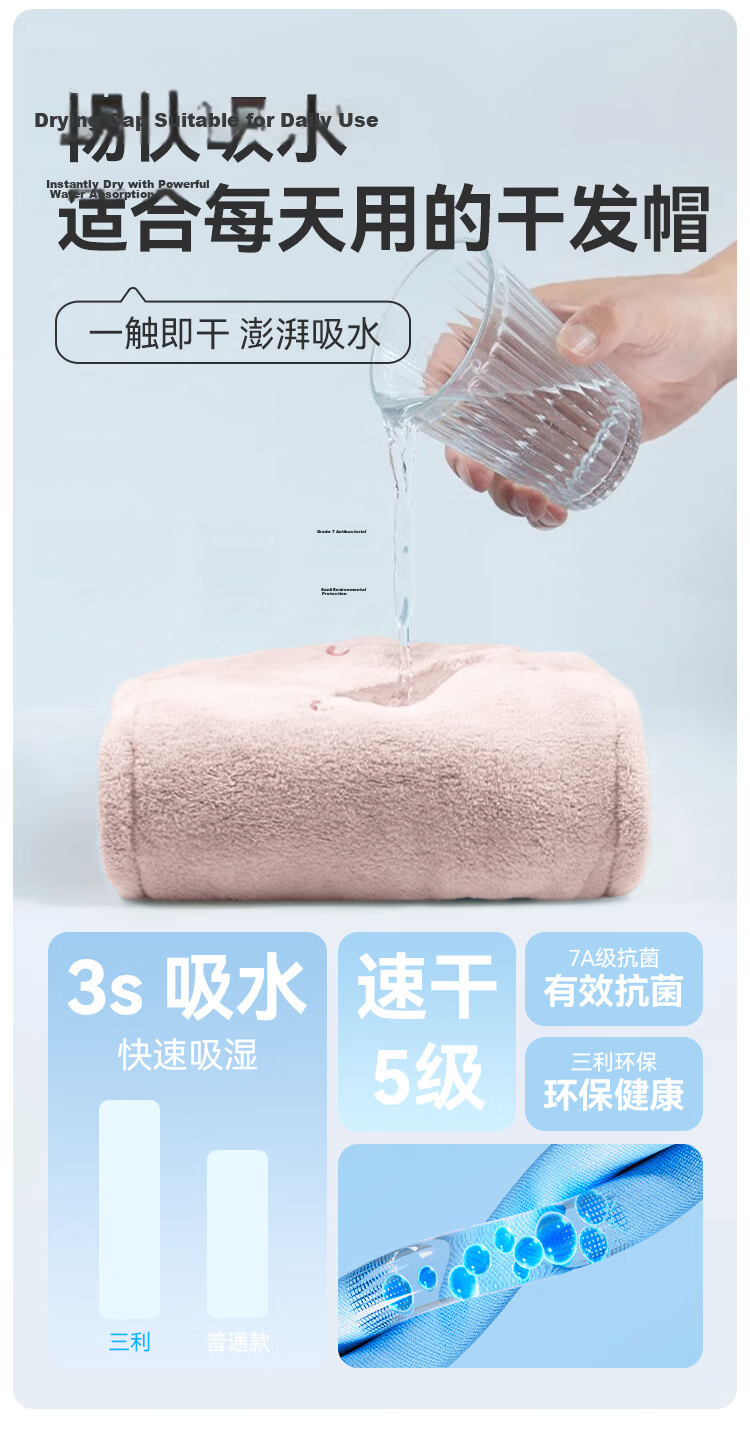 Sanli 7A Antibacterial Bubble Drying Cap for Women, Thickened, Highly Absorbent, Quick-Drying, Hair-Covering 7
