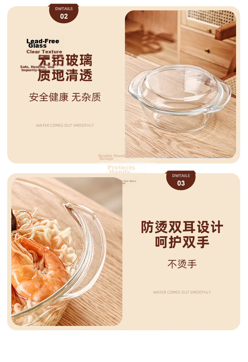 Genas Double-Handle Transparent Heat-Resistant Glass Bowl Large with Lid Microwave Safe Soup Noodle Salad Bowl Tableware 1.5L 16