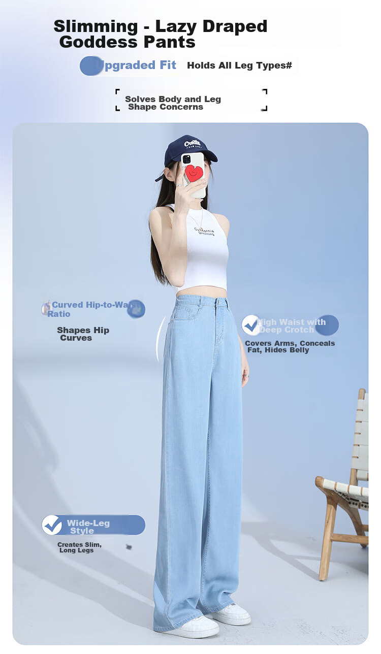 Jeanswest Women's Summer Lightweight Draped Lyocell Tencel Ice Silk Straight Wide-Leg Jeans Deep Vintage 2XL 6