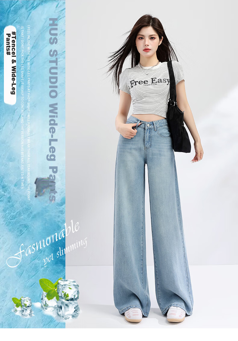 Jeanswest Women's Summer Soft Tencel High-Waist Draped Lyocell Wide-Leg Straight Pants Light Blue Tencel Lyocell L 1