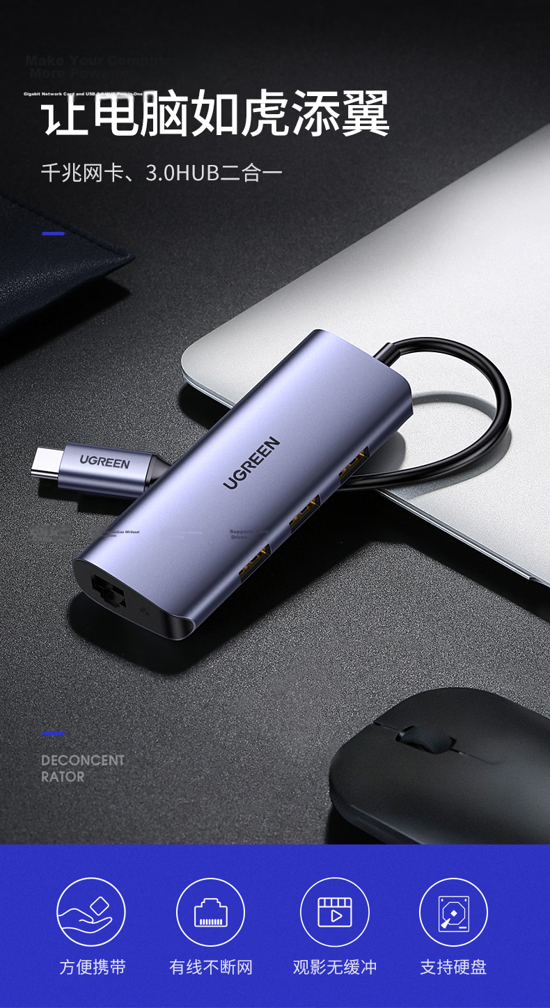 UGREEN Type-C to 2.5G Network Card Expansion Dock with Ethernet Port, USB3.2 Expansion Dock, RJ45 Network Cable Adapter, Compatible with MacBook And Apple Computers, Interface Converter for Laptops 1