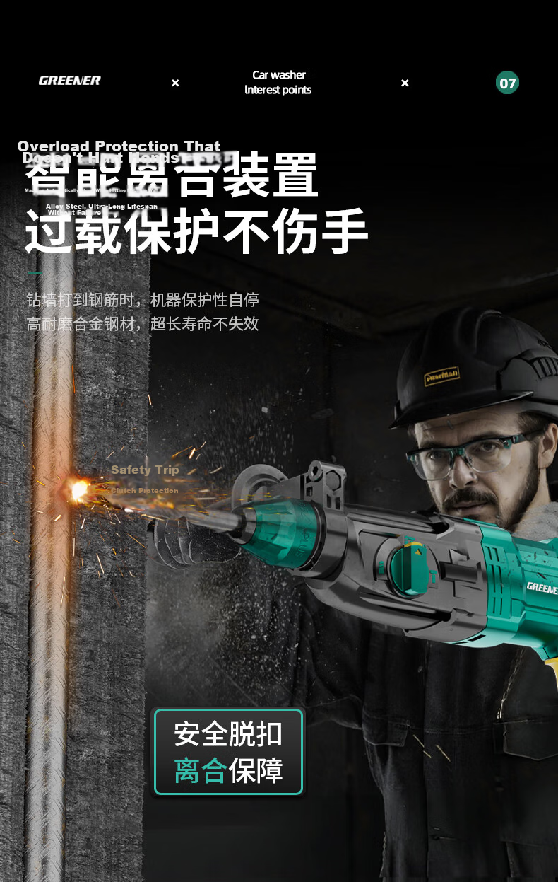 GREENER Lightweight Electric Hammer Impact Drill, 800W Electric Pick Three-In Drill, Small High-Power Household Wall Drilling And Concrete Drilling 8