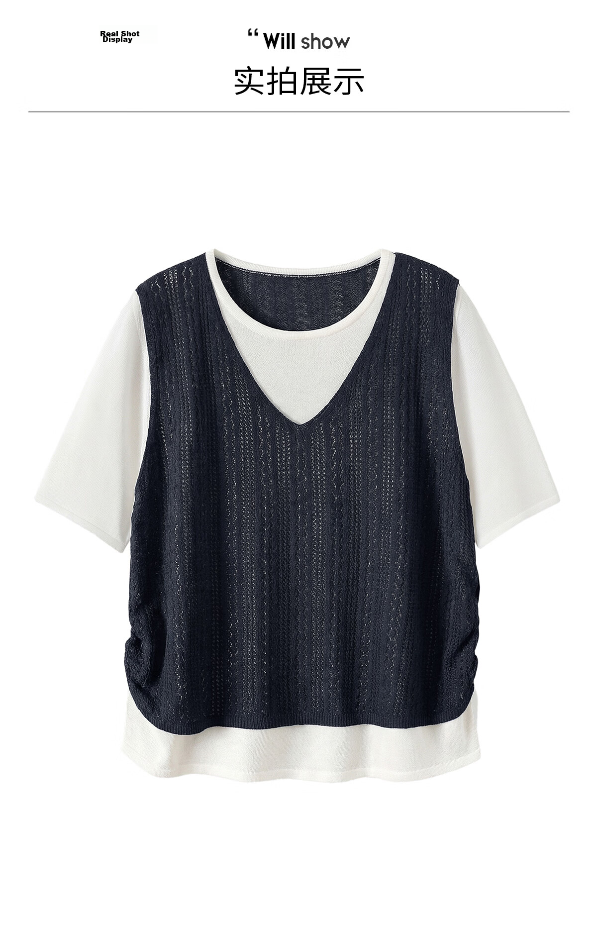 Ta Chi Lyocell Linen Short Sleeve T-Shirt Women 2026 Summer New Fashion Fake Two-Piece Knit Top 13