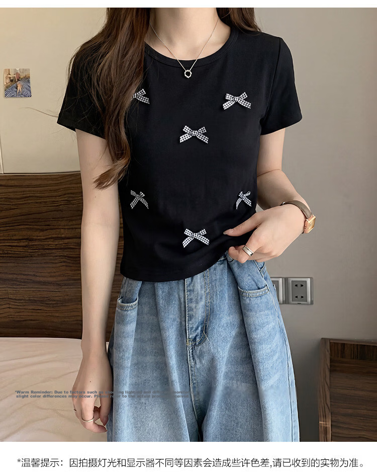 TonLion 2026 Summer New Short Sleeve T-Shirt for Women Black Bow Design Casual Early Spring Youthful Style 6