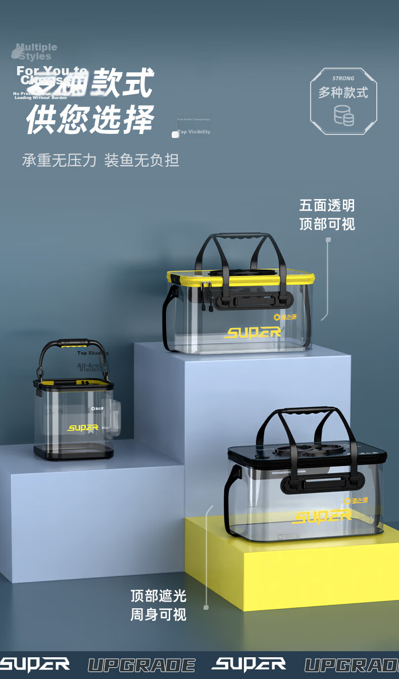 Yuzhiyuan Live Fish Bucket, Fishing Tackle Box, Foldable Water Bucket, Transparent Container, Navy Blue + Air Pump 11