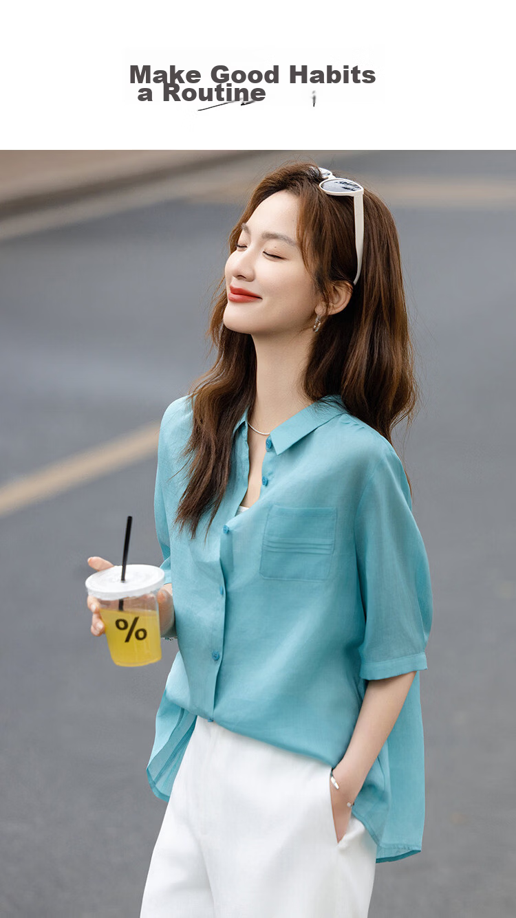 Demana [Ramie Lyocell Blend] Summer Elegant Small Turn-down Collar Pleated Patch Pocket Loose Slimming Shirt for Women High-end Feel 1