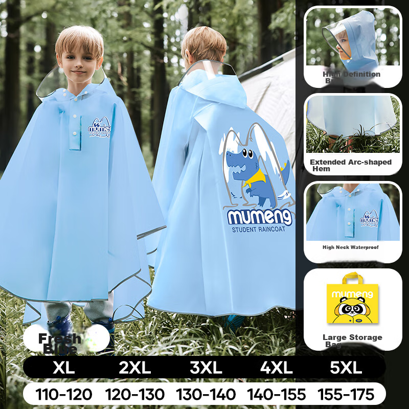 Moremerry Children's Raincoat for Boys And Girls, Full-Body Waterproof with Backpack Space, Elementary School Student Rain Poncho for School, Fresh Blue, XL