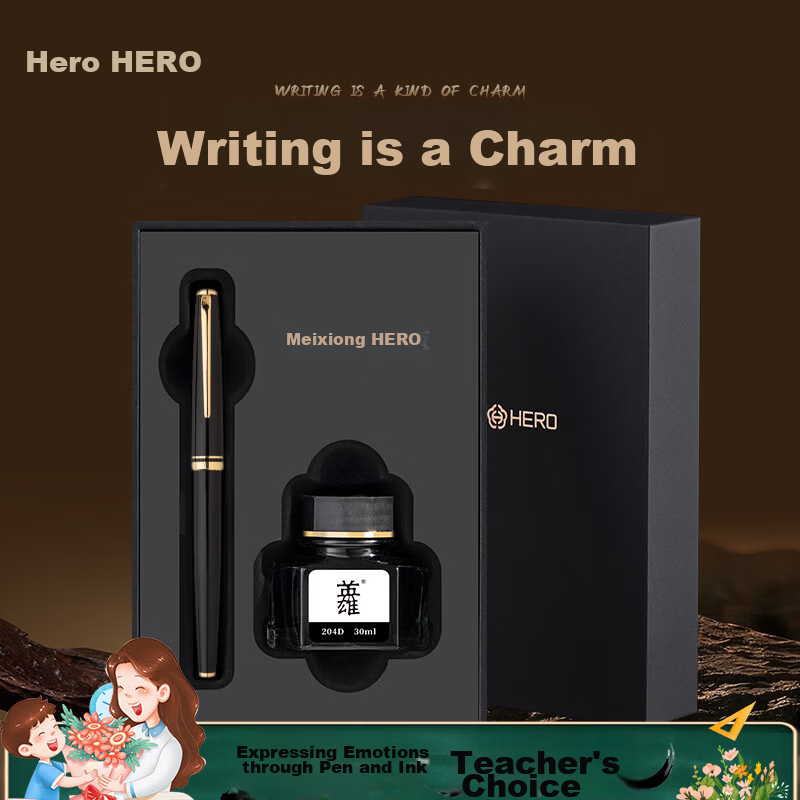 HERO 981 Black Gold Clip Business Office Iridium Nib Fountain Pen Signature Pen Gift Box Ink Set Teacher's Day Gift