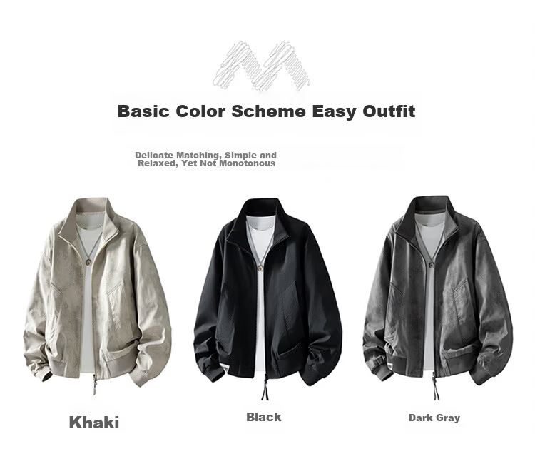 MARK FAIRWHALE Men's Spring Autumn American Tie-Dye Casual Jacket Stand Collar Baseball Coat Khaki L 9