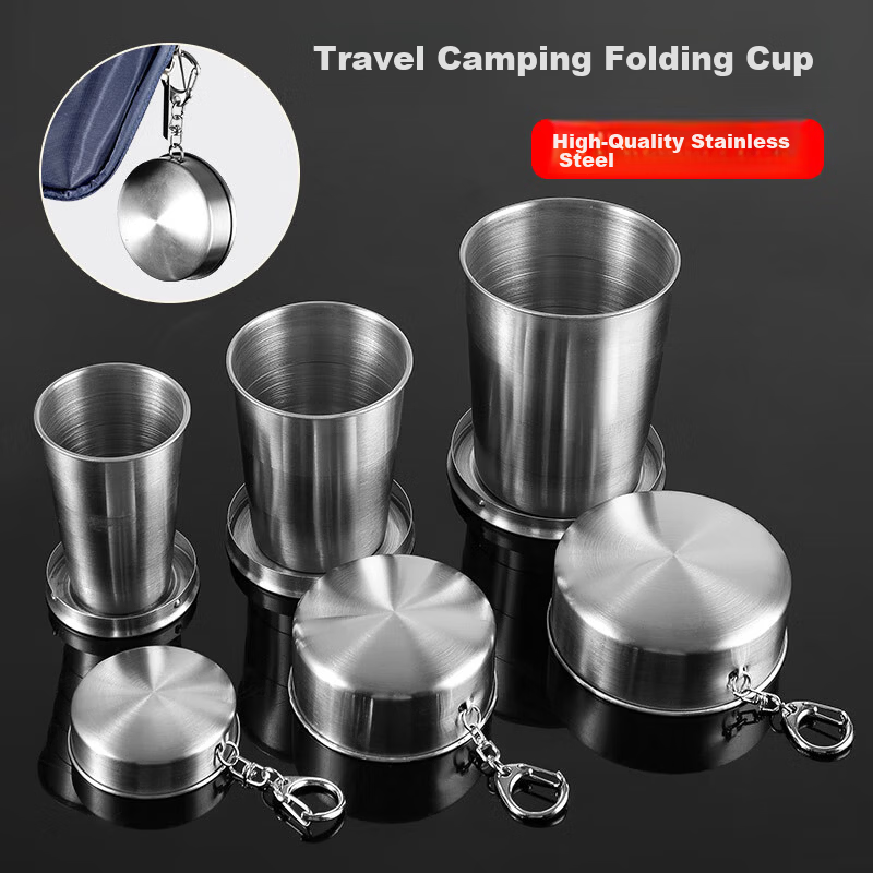 JAJALIN Stainless Steel Foldable Cup with Lid, Portable Collapsible Travel Mug, Three-Section Medium Size for Hot Water, Rinsing, and Drinking
