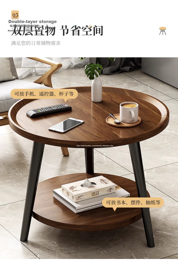 Zhuobo Walnut Color Coffee Side Table Small Table Living Room Sofa Side Table Double Layer Round Tea Table Storage Rack Bedside Cabinet CJ09 7