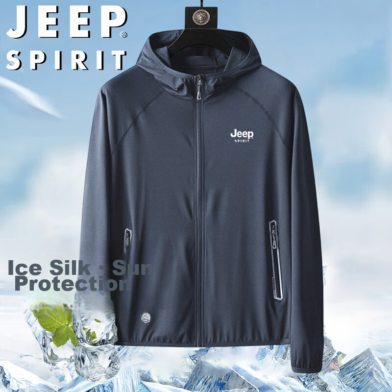 JEEP SPIRIT Men's Summer Sun Protection Jacket Fishing Skin Jacket Ice Silk Breathable Sunproof Coat Dark Gray Blue XL