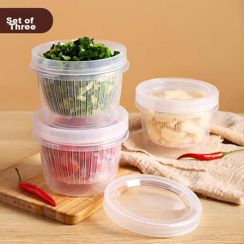 Baijie Round Green Onion Fresh-Keeping Box Onion Ginger Garlic Storage Box Refrigerator Draining Food Prep Box Set of 3