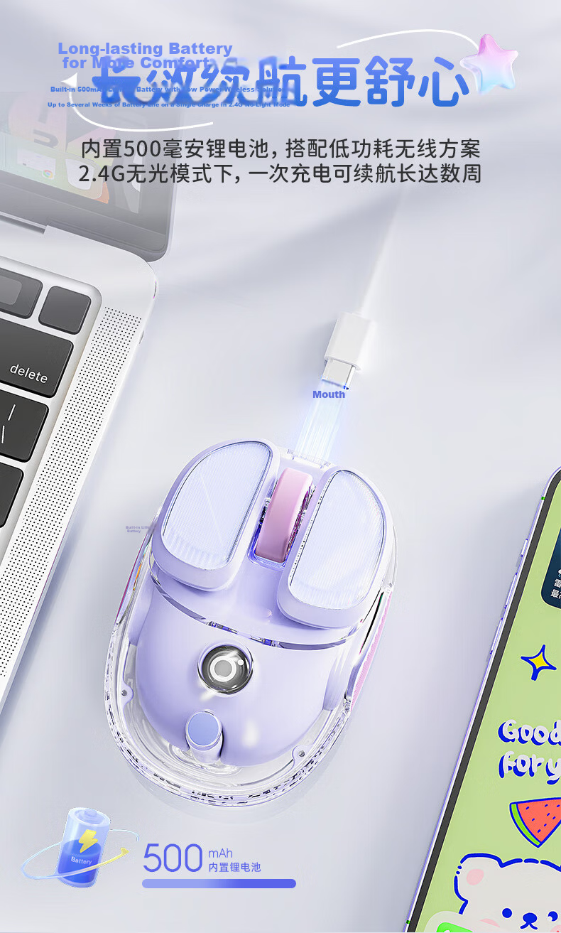 EWEADN Q9 Xiao Doudou Wireless Bluetooth Dual-Mode Transparent Mouse, Rechargeable Gaming Mouse for PC And Laptop, Low-Profile Lightweight RGB Lighting Effects, Rouge Pink 8