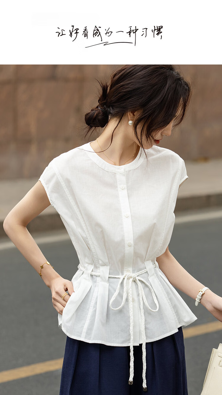 Demana [Ramie Lyocell Blend] Summer Urban High-Waist Twisted Knot Belt Loose Slim Shirt for Women Premium 1