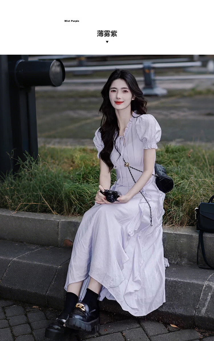 Mt [Early Summer Time] Summer Dopamine Fresh Lace-up V-neck Ruffle Puff Sleeve Waist-cinching Elegant Dress 9