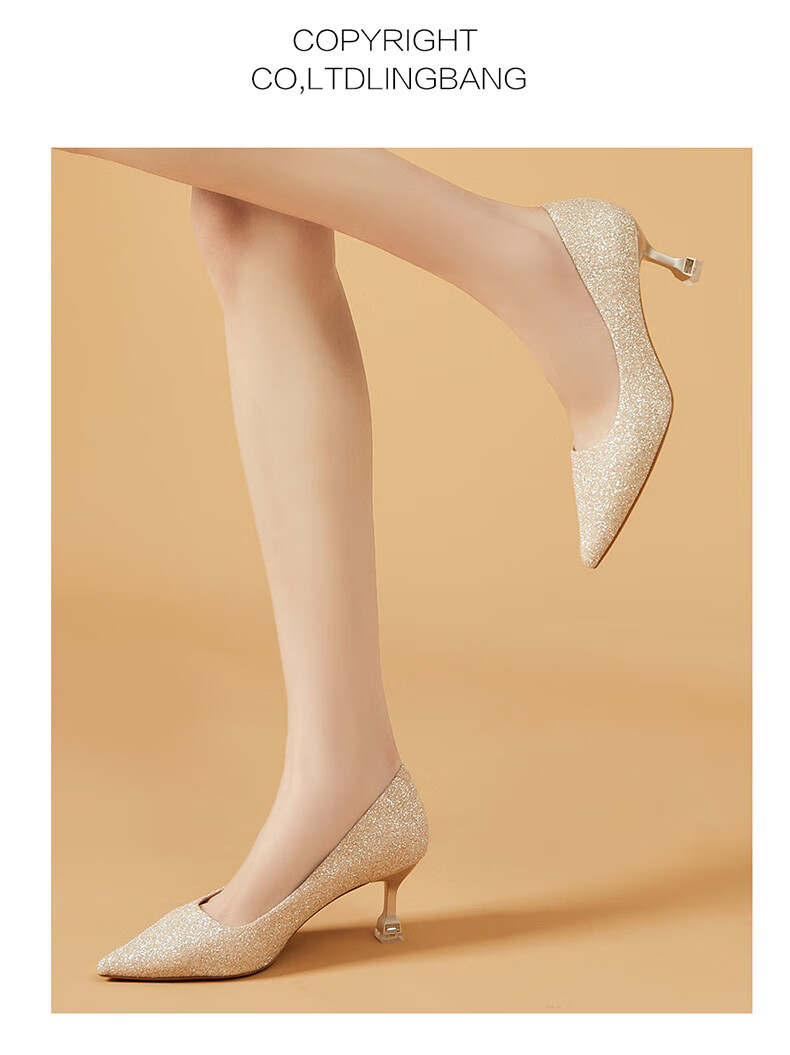 DAPHNE Women's High Heels, Pointed Toe, Stiletto, Elegant Sequin Wedding Shoes, Women's Pumps, 4623101088, Champagne Color, Size 34 7