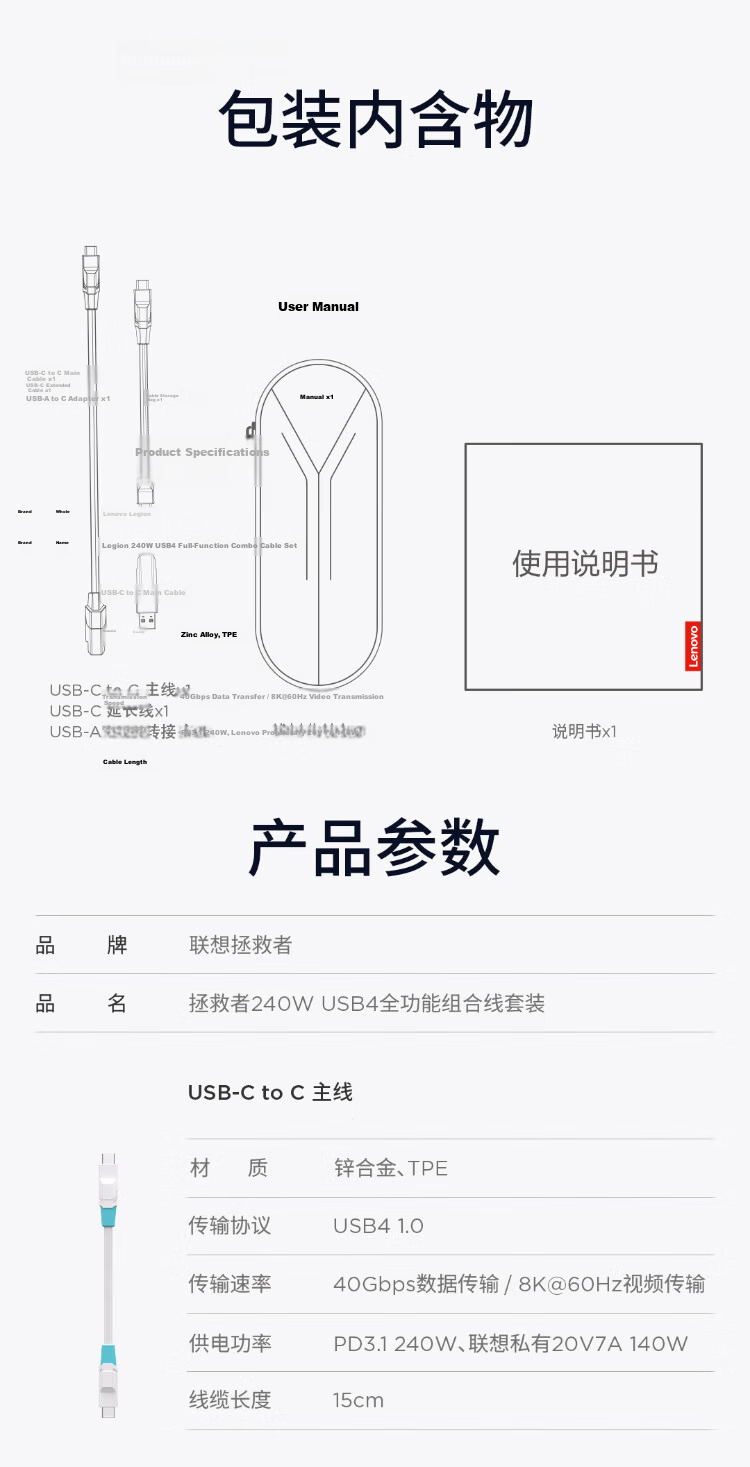 Lenovo Savior USB-C to C Cable, 7A Ultra-Fast Charging, up to 140W Ultra-Power Supply, Compatible with Multiple Fast Charging Protocols, Built-In E-Mark Chip, 1.5-Meter Thickened Cable Core 10