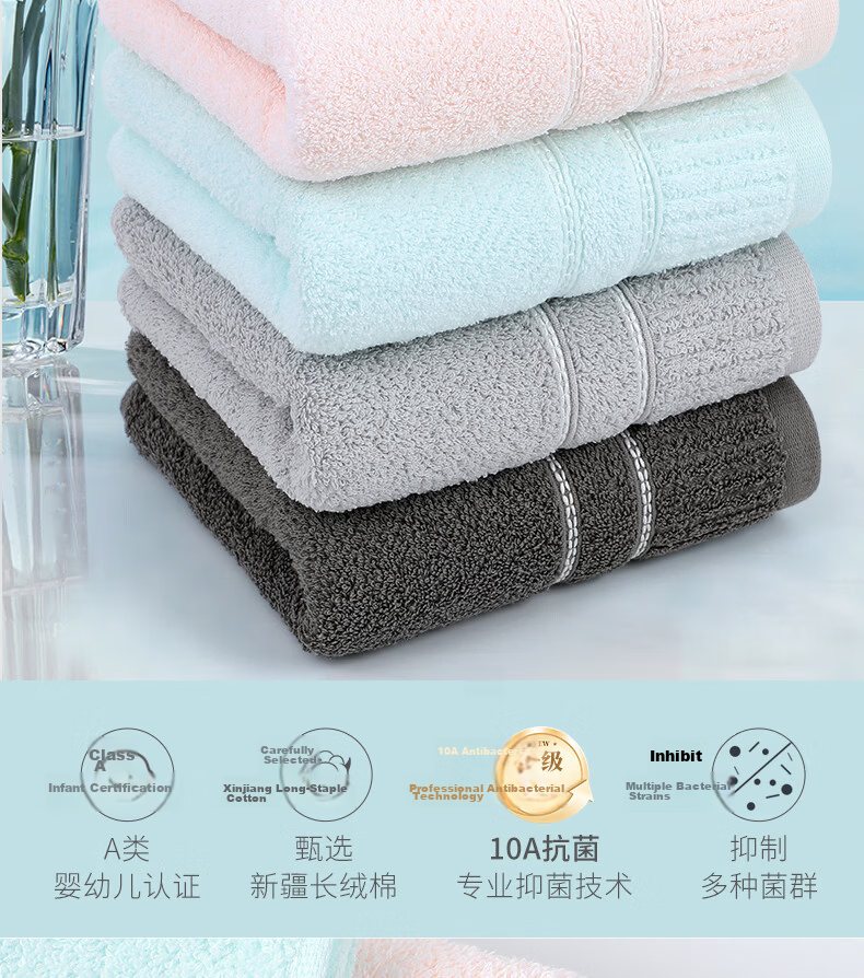 Grace 10A Grade Antibacterial Pure Cotton Towels Soft Absorbent Xinjiang Long-Staple Cotton Face Towels 2-Pack Pink + Blue Sports 3