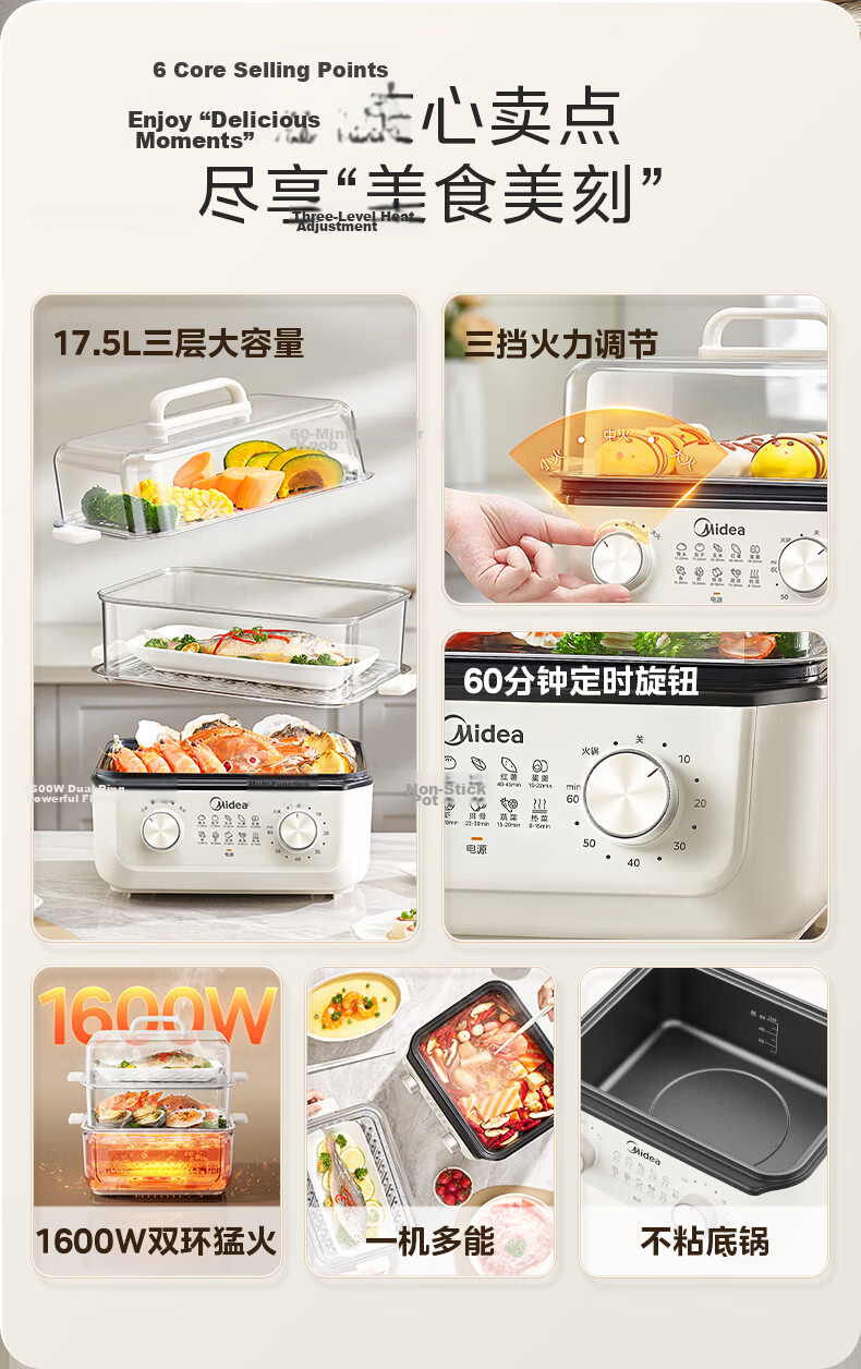 Midea Electric Steamer Electric Hot Pot Electric Cooker Multifunctional Electric Frying Pan Household Multi-Purpose Integrated Electric Heating Pot Steaming Fish, Buns, Eggs with Transparent Window MZ 2