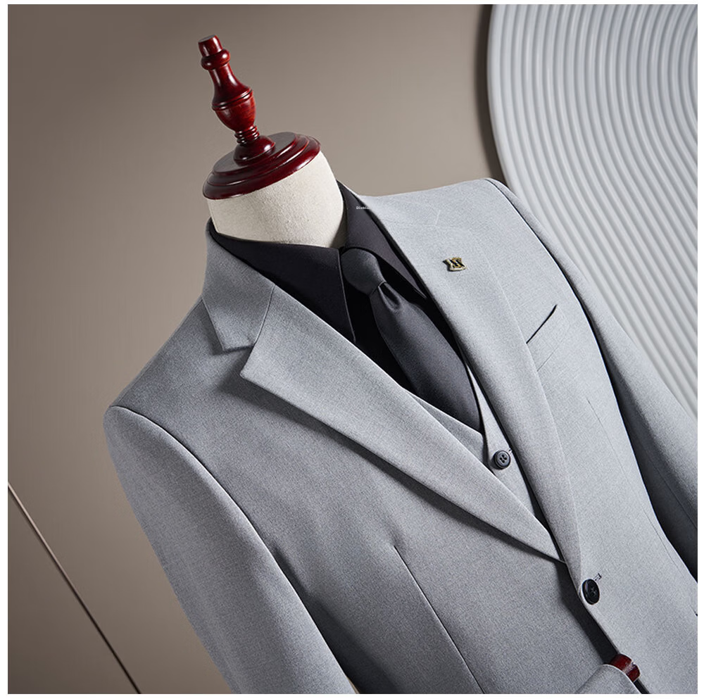 ROMON Men's Business Suit Set Blazer + Vest + Trousers Light Gray XL 37