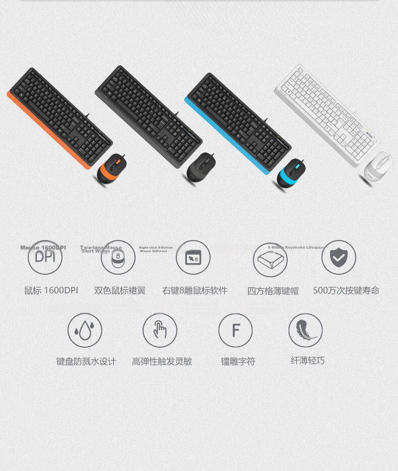 A4TECH F1512, 103-Key Wired Keyboard And Mouse Set, Wired Keyboard And Mouse Combo for Computer, Thin Film Keyboard with Good Typing Feel, Fei Shidai, Elegant Black, Wired 2