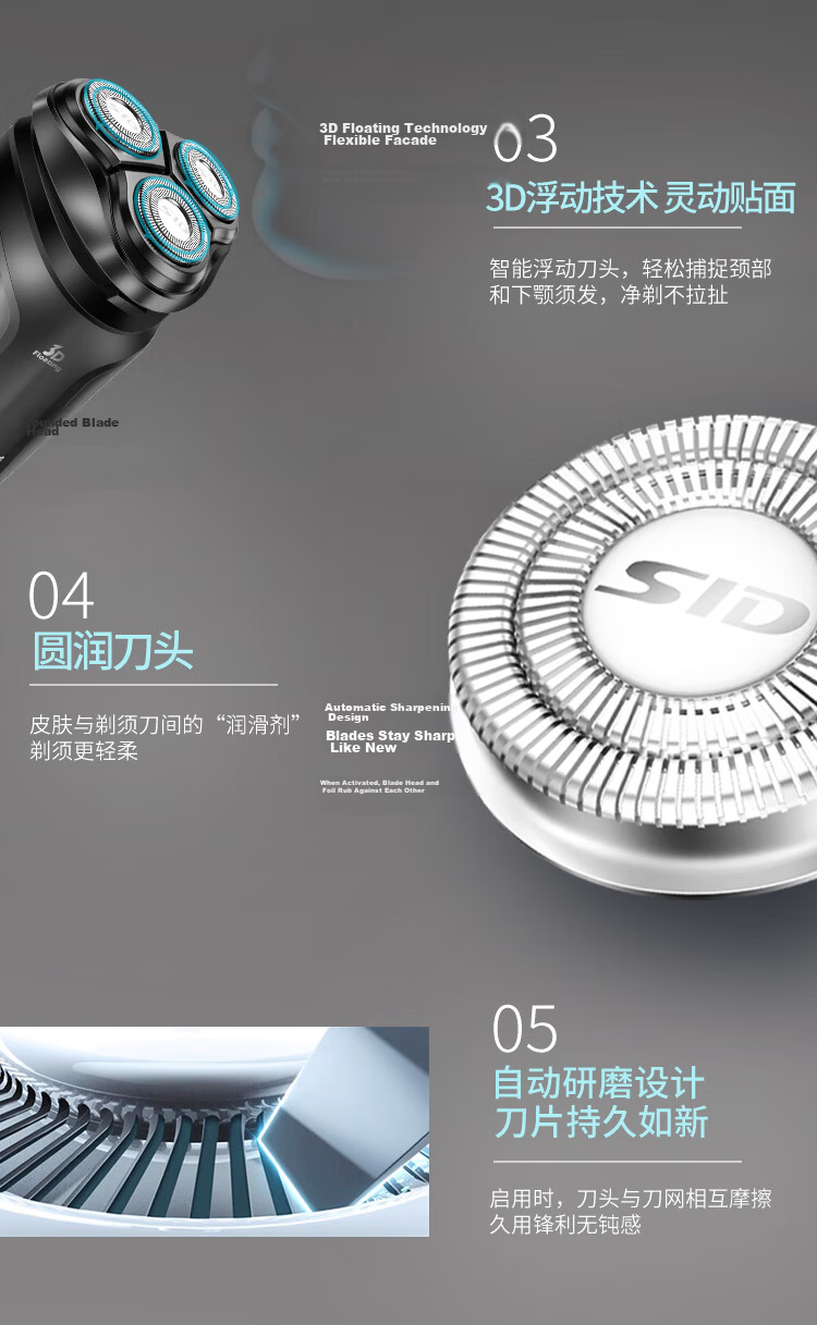 Superman RS7375 Rotary Electric Shaver Black Type-C Fast Charging Fully Washable Three-Blade Smart Display Razor Holiday Gift 6
