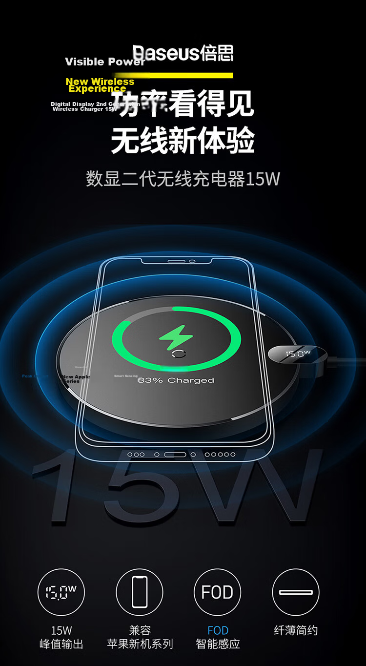 Baseus 15W Wireless Charger with Digital Display Fast Charging for iPhone 17/16/15/14/13 Pro Max Huawei Xiaomi Samsung Phone Charging Pad Earphone Stand 2