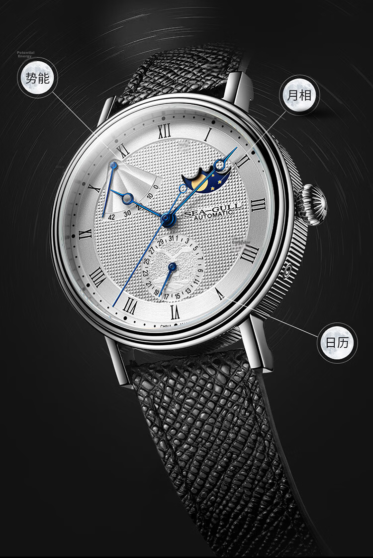 SEAGULL Men's Automatic Mechanical Watch Moon Phase Calendar Power Reserve 6092 Black Night Birthday Gift 5