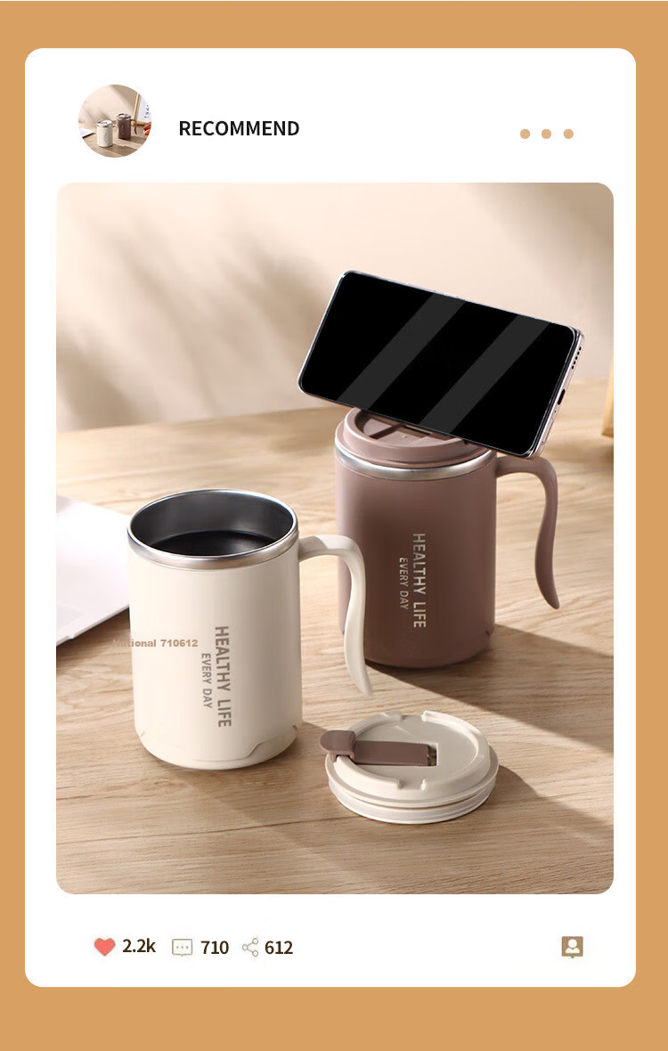 PINYU 304 Stainless Steel Double-Layer Insulated Coffee Mug with Lid, Beige, Home and Office Use 11