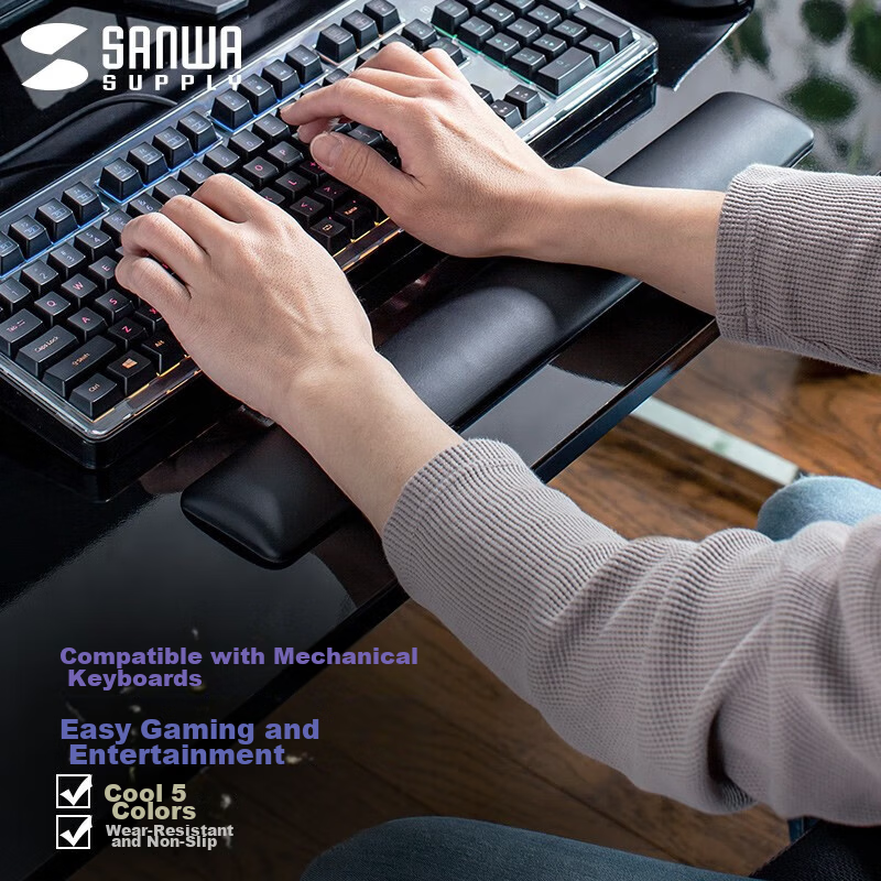 SANWA Ergonomic Keyboard Wrist Rest Mechanical Keyboard Wrist Support Office Gaming Soft Jelly Silicone Washable Non-Slip GTOK8 Black L 450mm