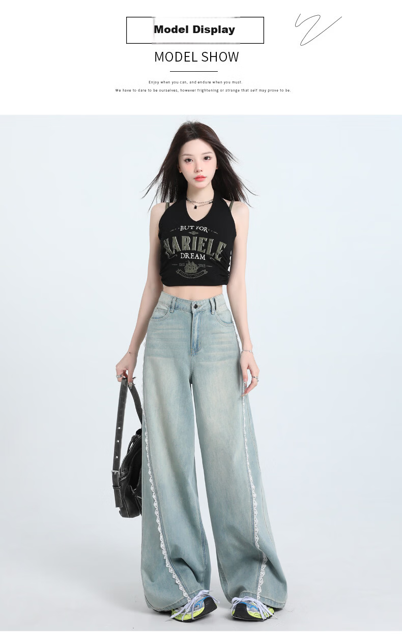 Jeanswest Women's Jeans 2026 Summer Retro Washed Light Lace Trim High Waist Washed Wide Leg Pants Light Blue M 10