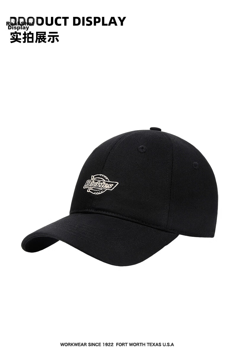 Dickies American Style Baseball Cap Unisex Soft Top Duckbill Hat Pure Cotton Outdoor Sunshade Black 22
