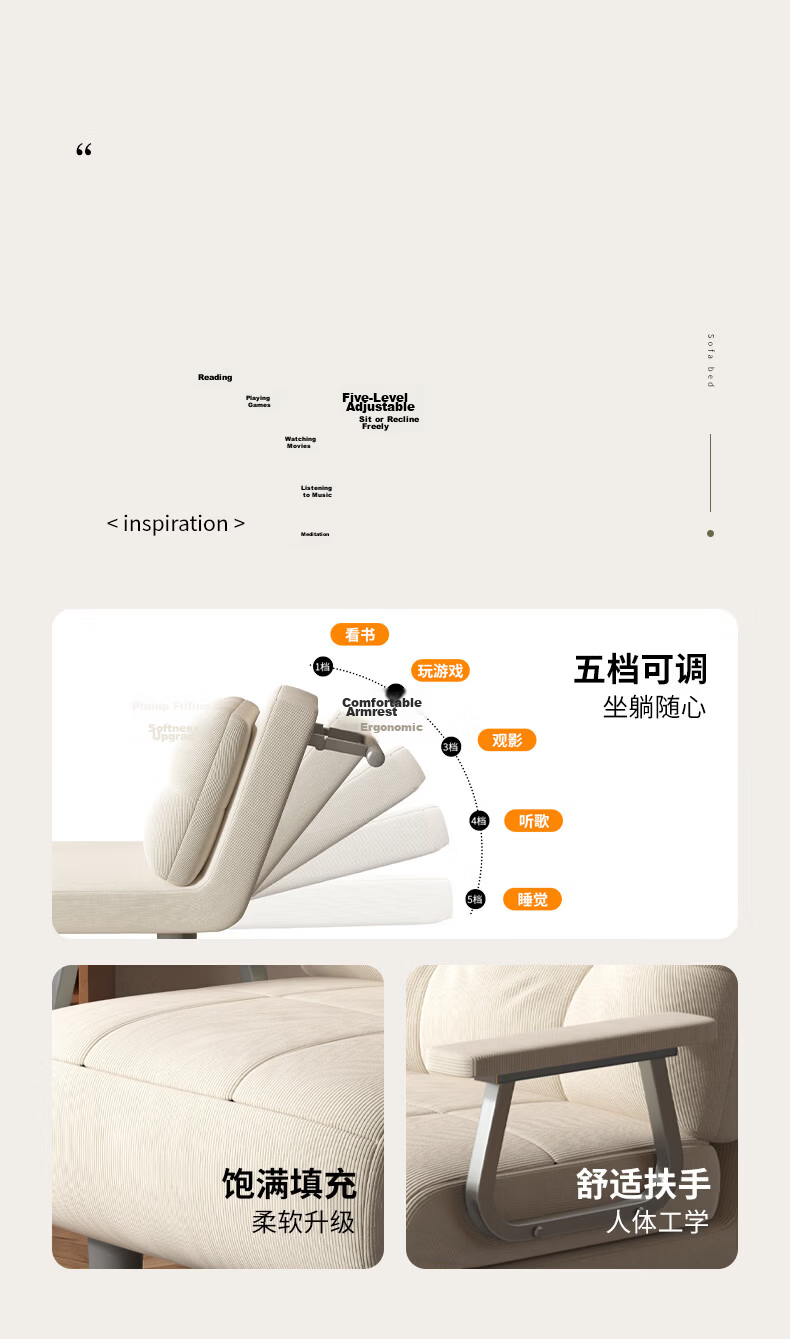 Warner New Sofa Bed Small Apartment Dual-Use Single Sofa Chair Office Nap Folding Bed S371 Gray 80 2