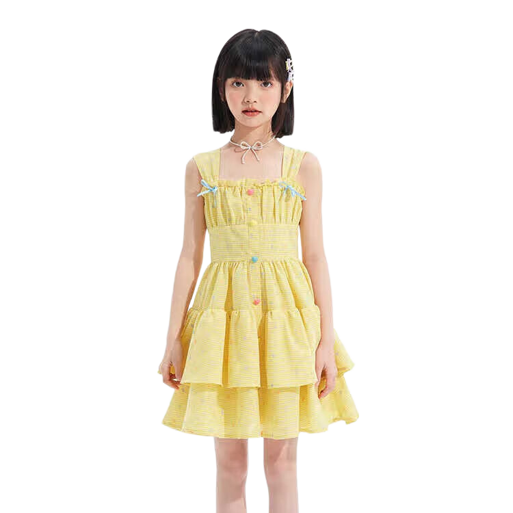 Zhimu Girls' Dress, for Older Children, Sweet Spaghetti Strap Princess Dress, Children's Dress, Cream Yellow, Size 160