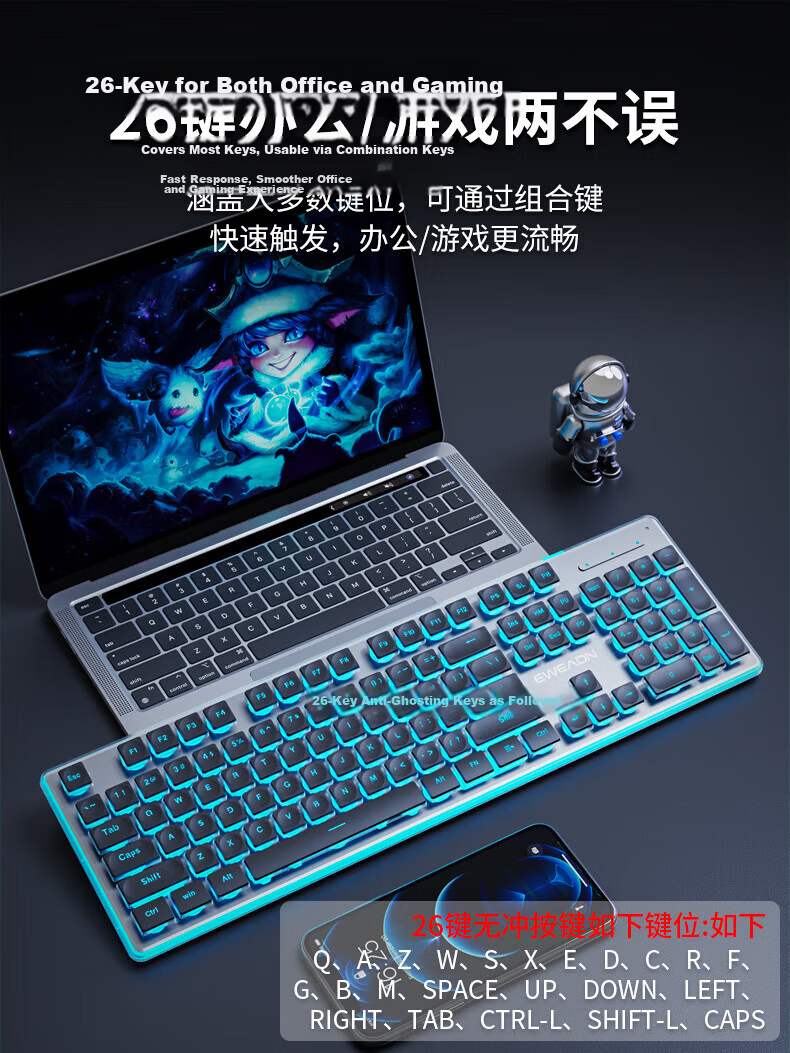 EWEADN X7S Wireless Keyboard Single Mode 2.4G True Mechanical Feel 104-Key Low-Profile Office Keyboard Compatible with Desktop and Laptop Rechargeable Membrane Keyboard Black Blue Light 6