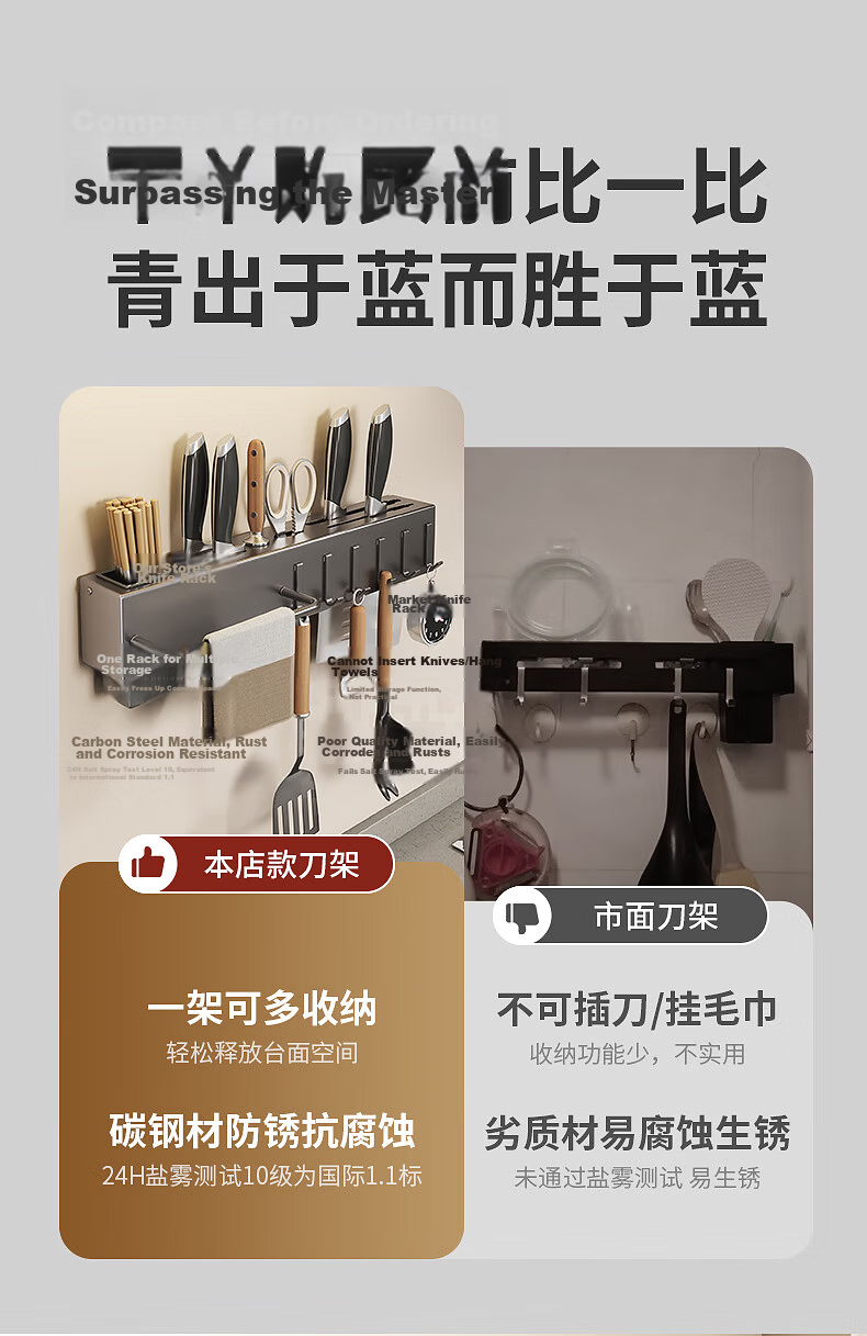 PINYU Kitchen Knife Wall-Mounted Multifunctional Knife Holder Storage Rack, No Drilling Required, Chopstick Cage Integrated Organizer, Chopstick Tube 6