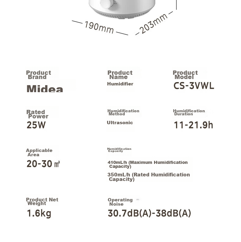 Midea Small Portable Humidifier for Home Bedroom Pregnant Women and Infants Nasal Inflammation Silent Sterilization Large Mist Air Conditioner Fan Cooling Companion Desktop Birthday Gift CS-3VWL 26