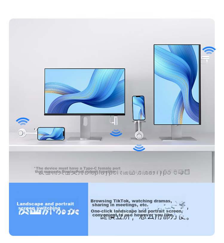 Haoli HG-2S Wireless HDMI Screen Mirroring Device 4K Conference Screen Sharing Adapter for TV Monitor Projector Compatible with Laptop Desktop USB+C Dual Port Portrait and Landscape Mode 16