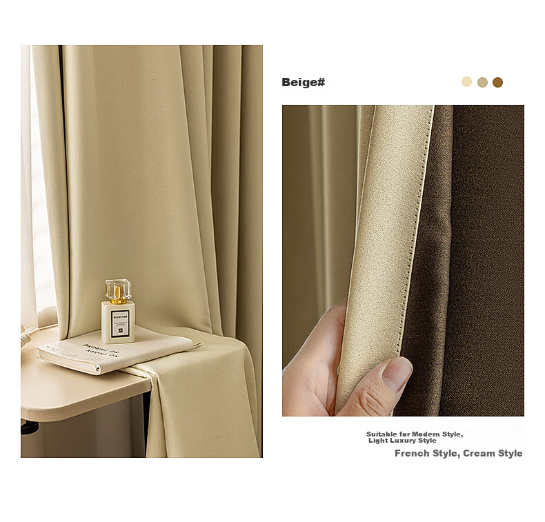 Mercury Home Textiles Blackout Curtains Bedroom Full Blackout Fabric Sunshade Soundproof Bay Window Cream Hook Style 2.2x2.7m 2 Pieces Beige 14