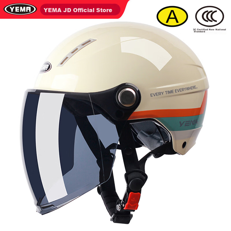 YEMA 3C Certified 359S Electric Motorcycle Helmet Unisex Summer Sun Protection Half Helmet Four Seasons Universal Safety Helmet New National Standard Khaki Floral + Long Tea