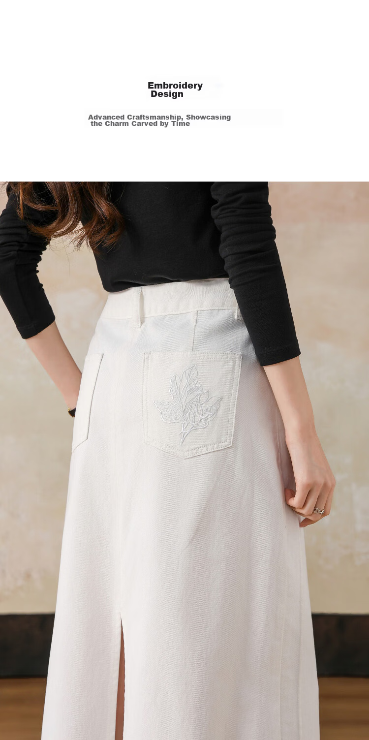 Demana [Cloud Soft 100 Cotton] Spring Simple Style Embroidered Slit Straight Small Female Denim Skirt 6