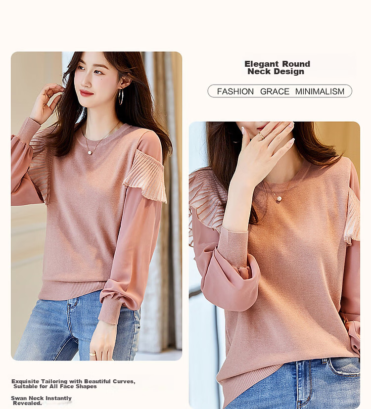 Dme [Containing Fluffy Wool] Spring And Autumn Stylish Spliced Sweater, Concealing Body Shape, Slimming Effect, Elegant Knitted Sweater for Women with High-End Feel 6