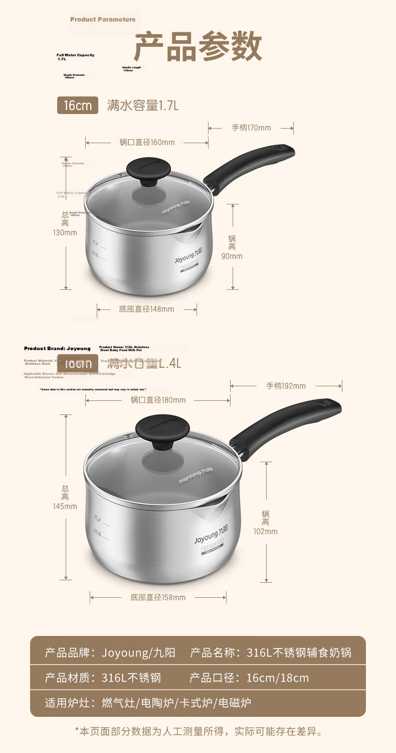 Joyoung Milk Pot, 316L Stainless Steel Baby Food Pot, Noodle Hot Milk Soup Pot, Compatible with Gas And Induction Cookers, 18cm 14