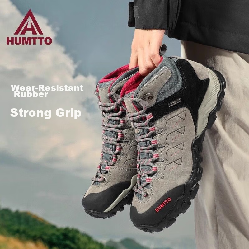 HUMTTO Women's Hiking Shoes Non-Slip Wear-Resistant Outdoor Trekking Comfortable Shock Absorption Trail Running Climbing Shoes Gray/Rose Red Size 37