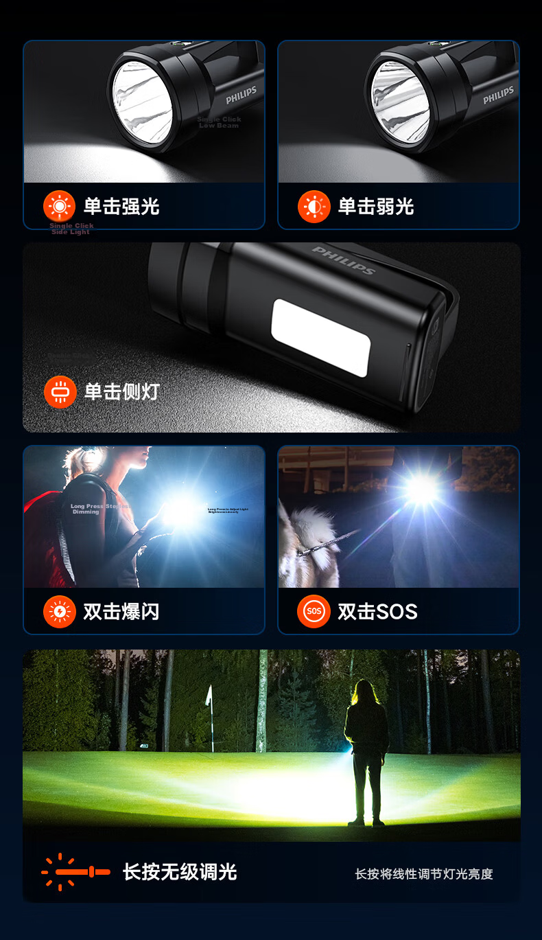 PHILIPS High Brightness Flashlight Rechargeable Portable Military Spotlight Emergency Patrol Mining Lamp 9